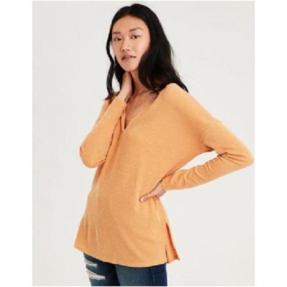 American Eagle Mustard Yellow Waffle Knit Thermal Top Medium